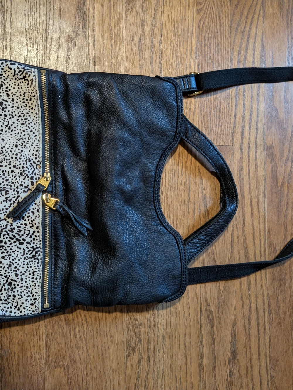 Fossil Black Leather Erin Foldover Crossbody with Leopard-Print Bag